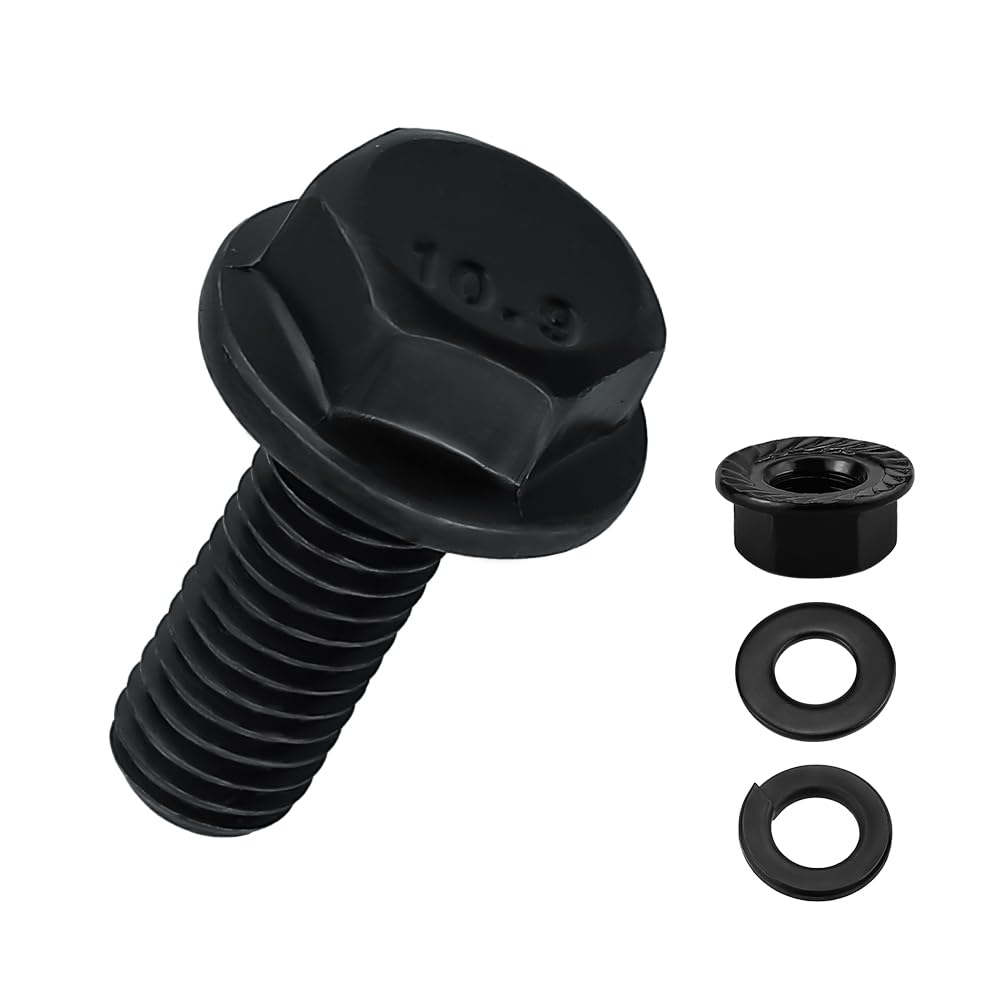 8 Sets M12 x 35mm Flange Hex Bolt + Nut + Flat & Lock Washer Black 10.9