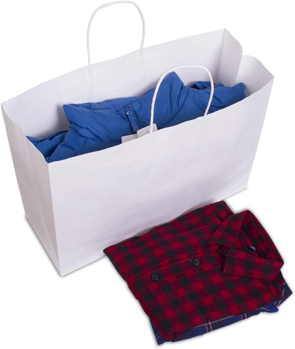 Kraft Paper Bags with Handles 16x6x12 Inch White 50 Pack Bulk
