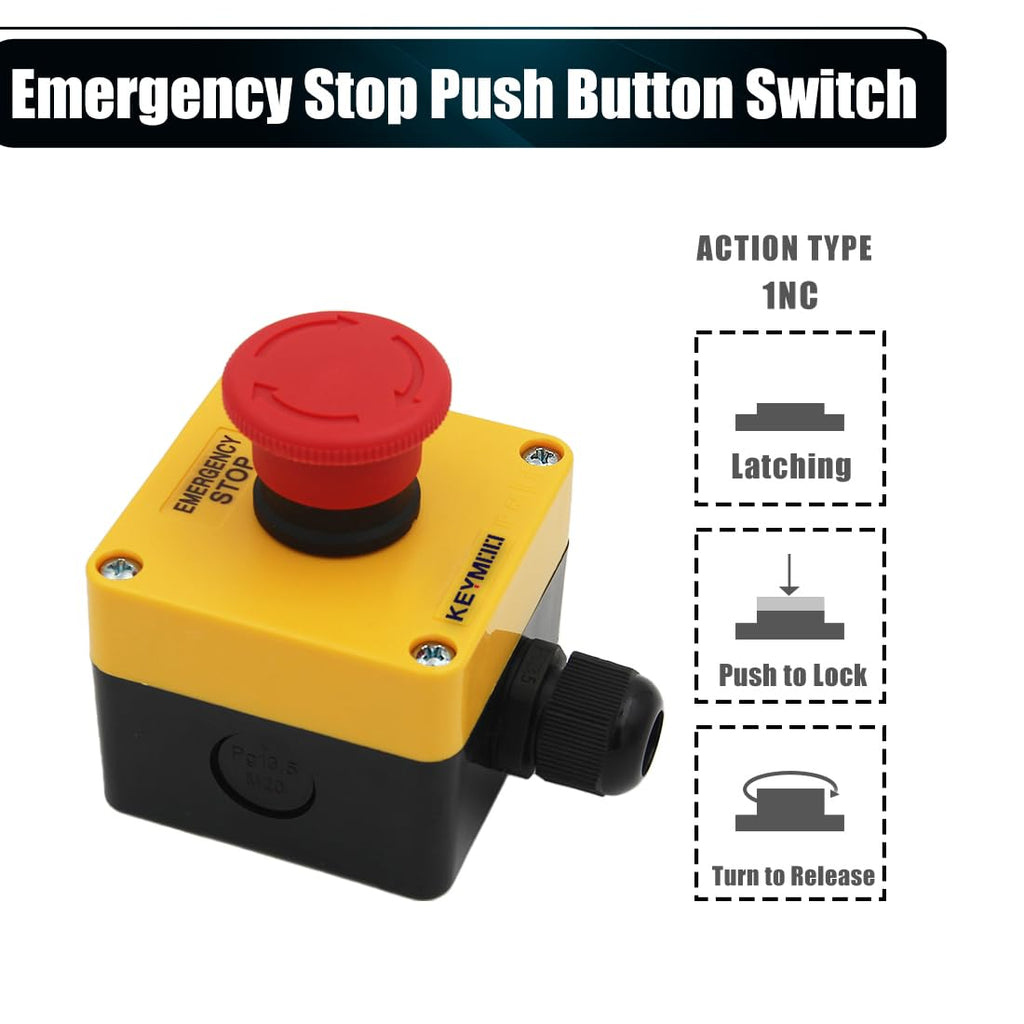 Emergency Stop Push Button Switch,1NC 10A 660V with Waterproof Box IP65, 2pcs PG13.5 Black Connectors (1)