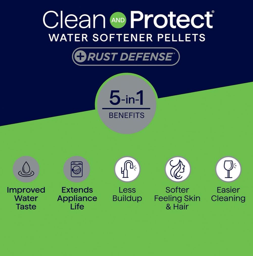 Water Softener Salt Pellets – Clean and Protect Plus Rust Defense, 40 lb Bags – Removes Iron, Reduces Rust Stains