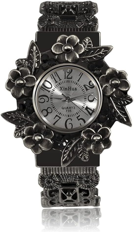 Women Vintage Cuff Bangle Bracelet Watch Carved Flowers Analog Quartz Wrist Watch