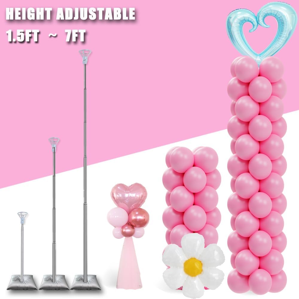 Balloon Column Stand Set of 2, Adjustable 7 Feet Ballon Arch Stands with Bases for Floor, Tall Baloon Tower Pillar