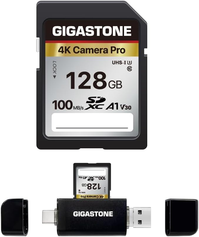 【5-Years Data Recovery】 GIGASTONE 128GB SD Card with USB Type C Card Reader, 4K Camera Pro, UHS-I A1 V30 U3 SDXC