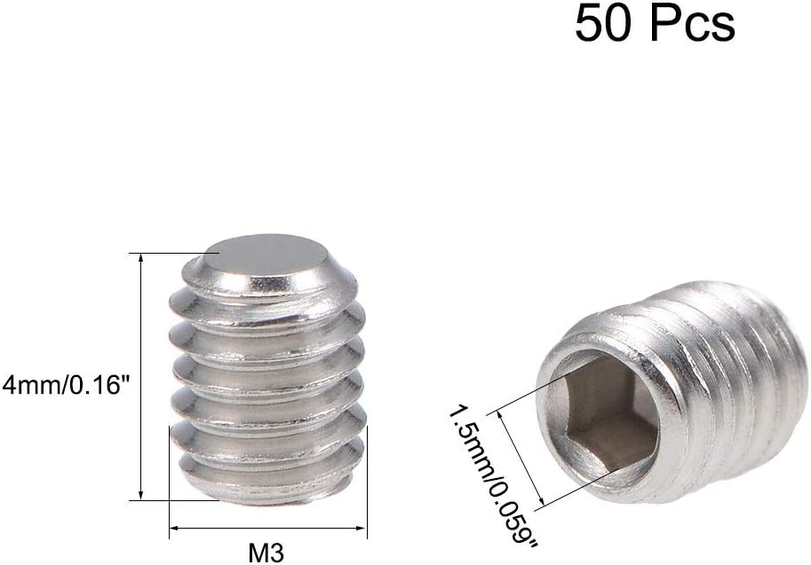 uxcell 50Pcs M3x4mm Internal Hex Socket Set Grub Screws Flat Point 304 Stainless Steel Screw