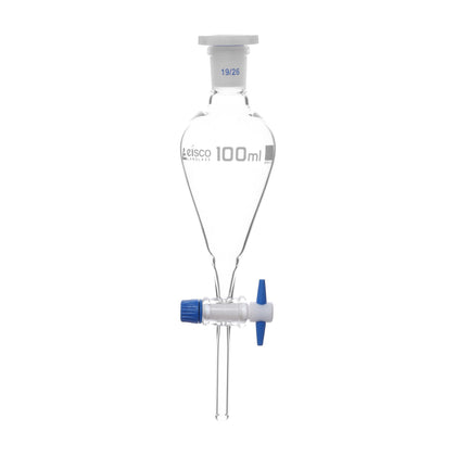 Squibb Separating Funnel, 100ml - 19/26 Plastic Stopper, PTFE Key Stopcock, Ungraduated - Borosilicate Glass
