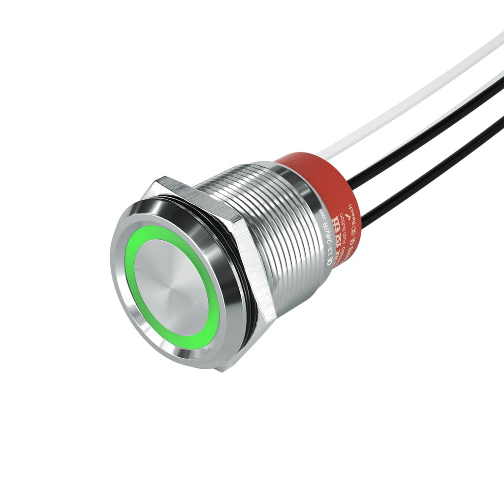 22mm Momentary PushButton Switch, IP67 Waterproof Momentary/Latching Stainless Steel Flat Round Switch with Pre-Wired 20AWG, 10A 250VAC 5A 28VDC, 12V-24V LED Ring (Momentary, Green)