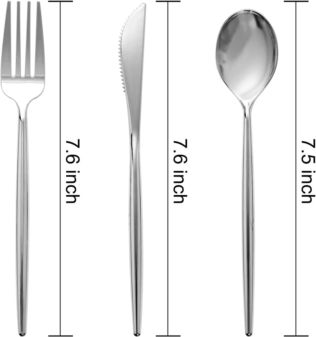 150Pcs Silver Plastic Silverware Set, Heavy Duty Disposable Cutlery Includes 50 Forks, 50 Spoons and 50 Knives for