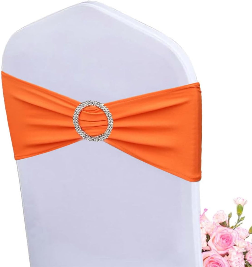 Chair Sashes Spandex Stretch Chair Bows with Buckle Slider for Wedding Party Decorations (Orange, 25PCS)