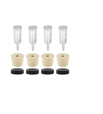 3-Piece Airlock, 6.5 Drilled Rubber Stopper, and 38mm Black Plastic Lid - Pack of 4