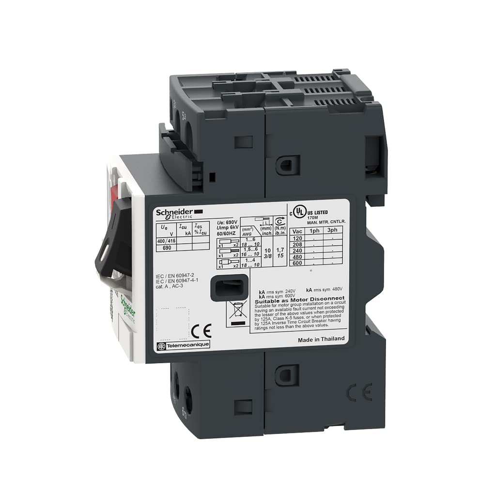 Schneider Electric GP2E05 Easy TeSys 3 Phase Manual Thermal Magnetic Motor Starter, 3 Pole, Screw Clamp Terminals, Push Button, 0.63-1 Amps
