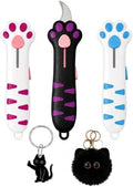 Cat Paw Box Cutter with 2-pcs Black Keychain, Retractable Claw Cutting Tool