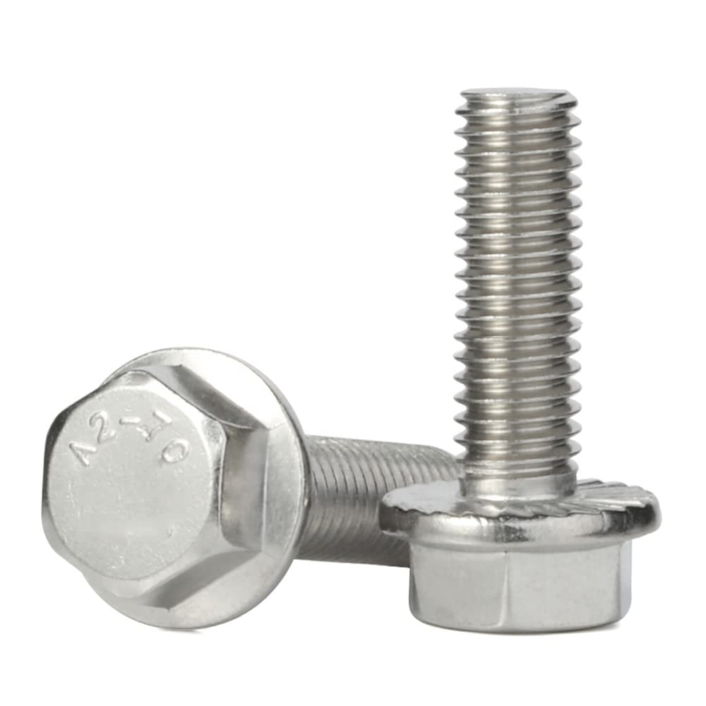 M5-0.8 x 12mm Flanged Hex Head Bolts Flange Hexagon Screws, Stainless Steel 18-8 (304), Plain Finish, 40 PCS