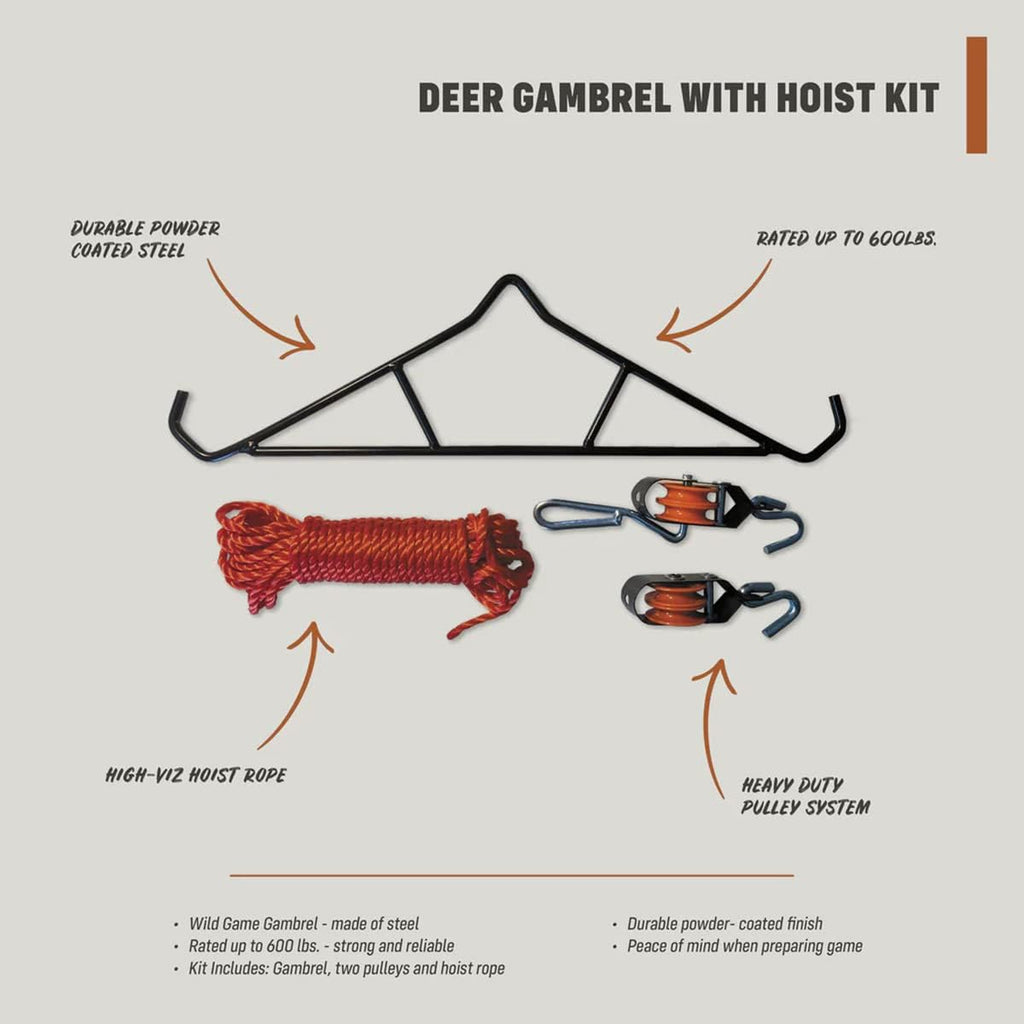 Hanging Deer Gambrel Hoist Kit - Tough Game Hanger Kit w/Gambrel, 2 Pulleys, & Deer Hoist Rope - Strong & Reliable