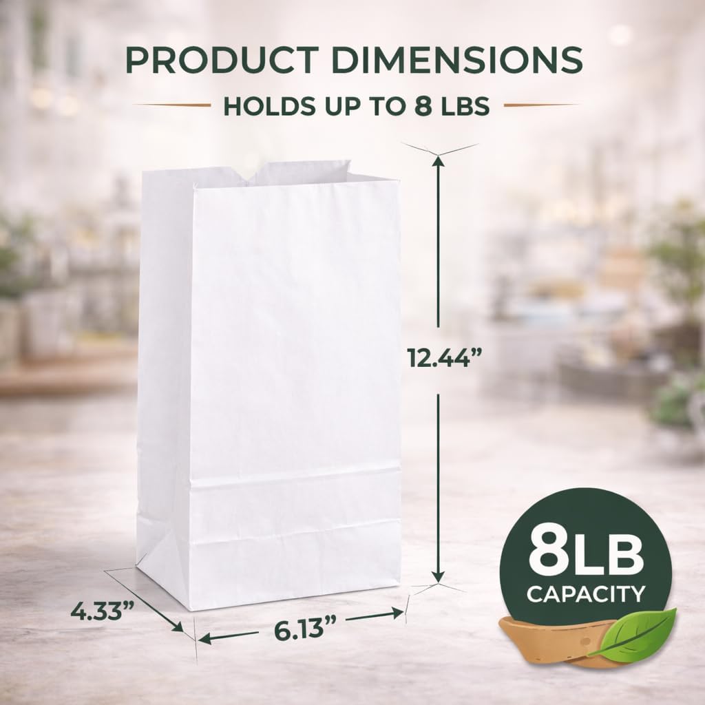 Kraft White Bag 8-100 8lb Kraft White Paper Bags - Pack of 100ct, White Bags