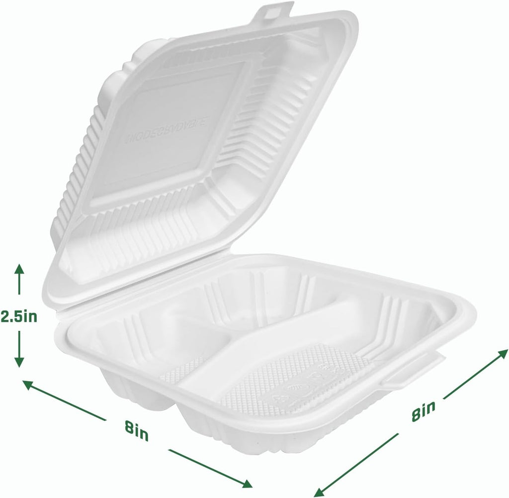100 Pack 8 x 8 Inch 3 Compartment To Go Food Containers, Waterproof Leak-Resistant Clamshell Takeout Containers