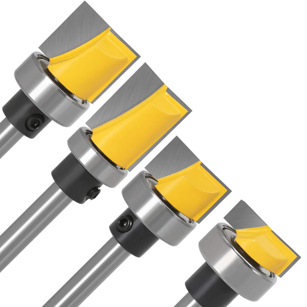 Flush Trim Router Bit Set, 4Pcs 1/4" Shank Ball Bearing Carbide | Anti-kickback anti-stick coating, balanced cut