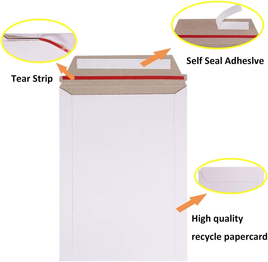 50 Pack Self Seal Photo Document Mailers 9X12 inch Rigid Mailers | Stay Flat, White Cardboard Envelopes