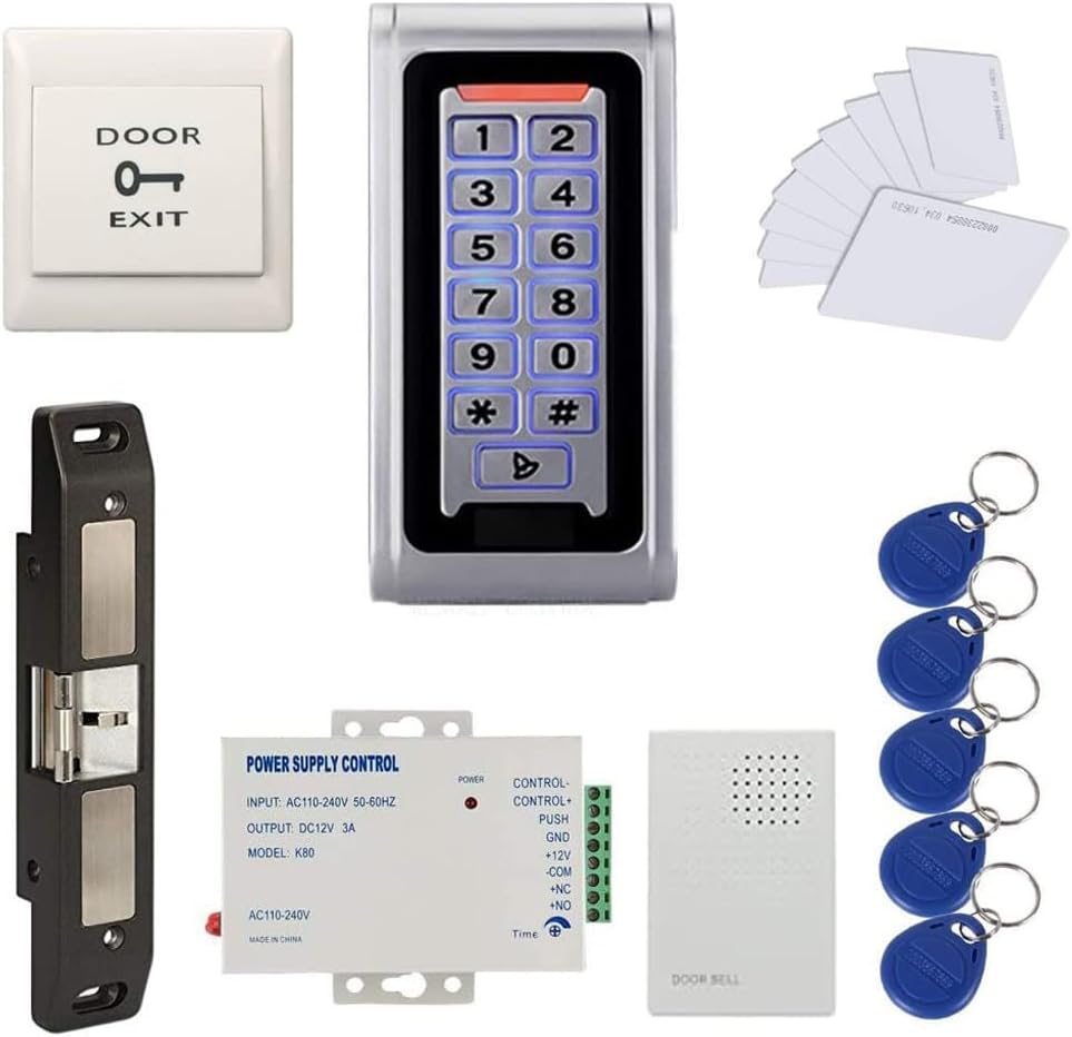 Waterproof Metal RFID+PIN Code Door Security Access Control System Kits with Push Bar Strike Lock,110V-240V Power