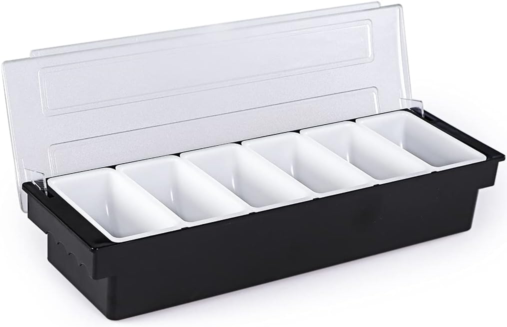 Ice Cooled Condiment Container, 6 Compartments Garnish Tray with Lid, Fruit Veggie Condiment Caddy for Party, Bar