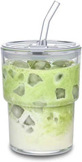 13oz Glass Tumbler with Straw and Lid Sealed, Carry On Reusable Iced Coffee Cups,Thick Wall Glass Coffee Drinking