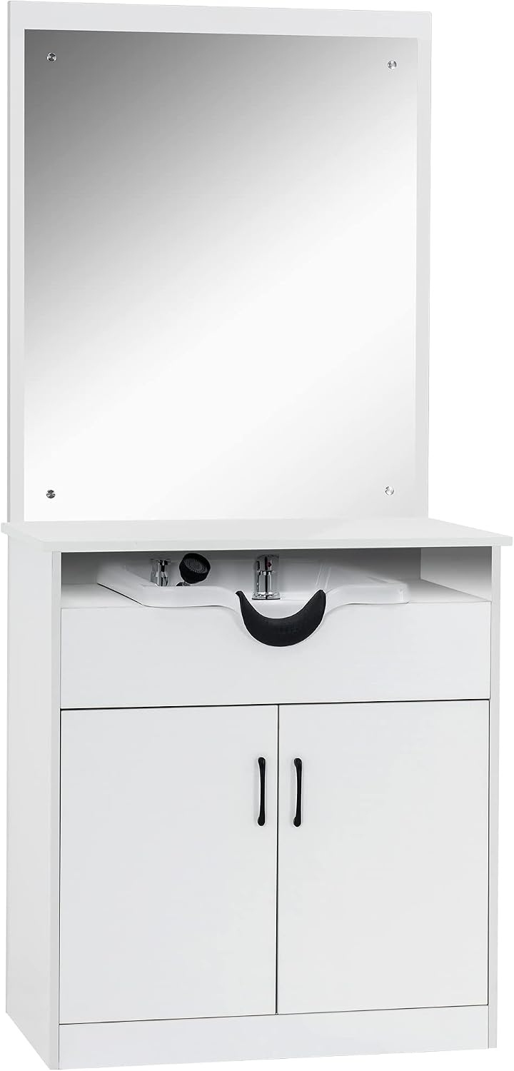 Backwash Shampoo Bowl Sink Chair Station with Mirror Salon Styling Cabinet Spa Equipment 3130 (White)