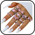 Gold Rings Sets for Women Pink Rhinestone Crystal Ring Heart Butterfly Bowknot Knuckle Joint Rings Set Vintage Boho