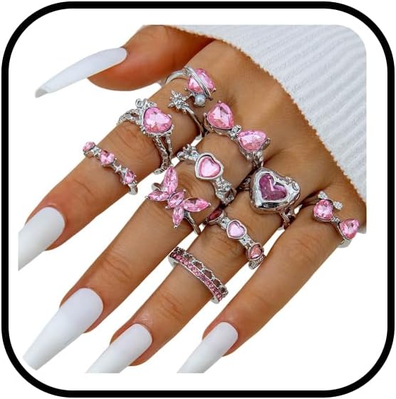Gold Rings Sets for Women Pink Rhinestone Crystal Ring Heart Butterfly Bowknot Knuckle Joint Rings Set Vintage Boho