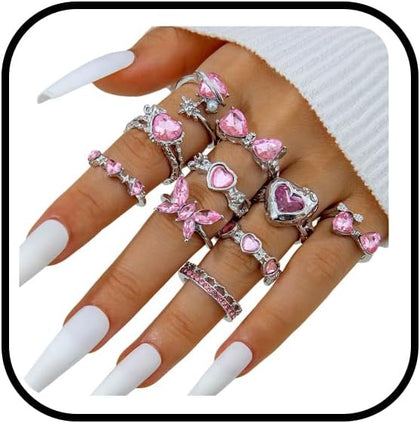 Gold Rings Sets for Women Pink Rhinestone Crystal Ring Heart Butterfly Bowknot Knuckle Joint Rings Set Vintage Boho
