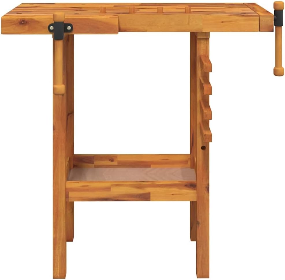 Workbench with Vices, Solid Wood Acacia Garage Work Station, 36.2x18.9x32.7 Inch Heavy Duty Workshop Table with