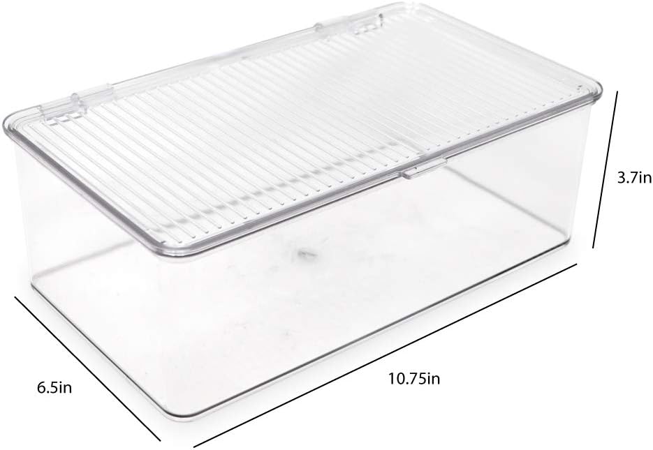 Medium Stackable Organizer Bin (10.75”x6.5”x3.7”) w/ Hinged Lid, Clear Storage Box, Home, Office, School, Fridge