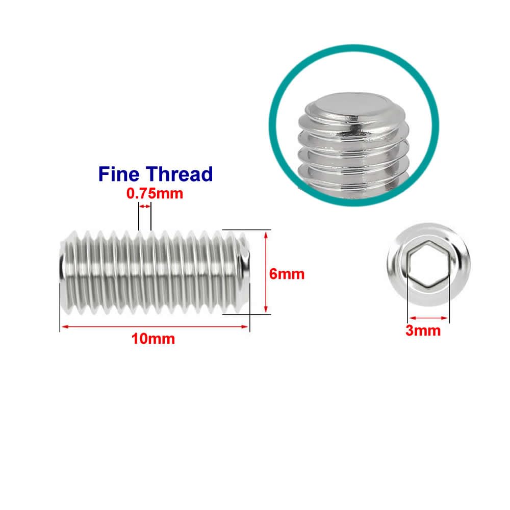 Junter 30pcs M6-0.75 x 10mm Fine Thread Flat Point Grub Socket Set Screws