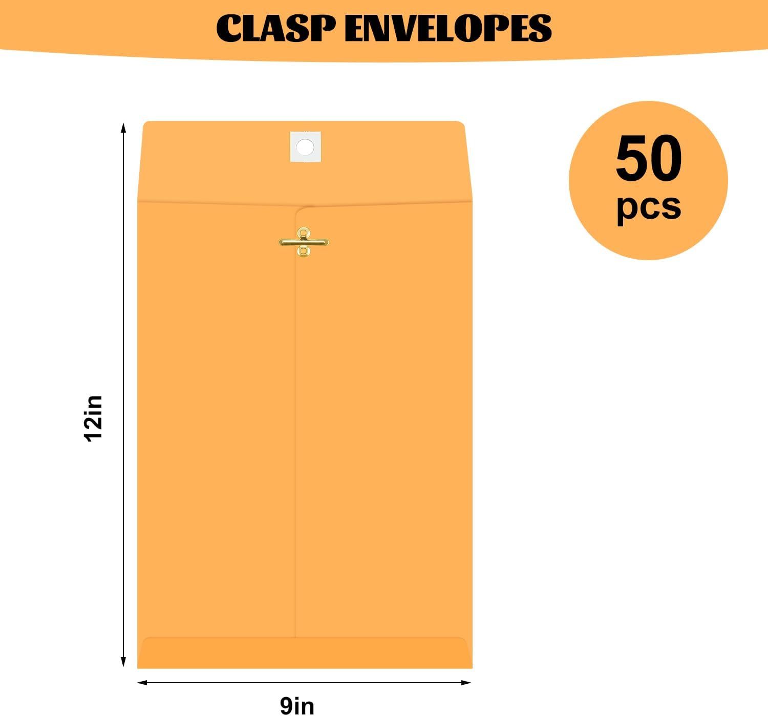 Manila Envelopes, 9×12 50PCS Brown Kraft Catalog Envelope with Clasp Closure, Clasp Envelopes for Home, Office