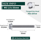 M6-1.0 x 55mm Hex Flange Bolt (2.17" Thread Length), DIN6921, Serrated Locking Flange, 304 Stainless Steel, UNC Full Thread, 20-Pack