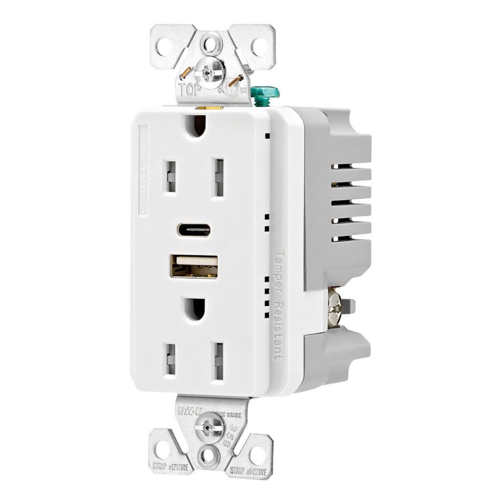 Eaton Combination USB Type A and C Charger, 15A 5-15R Receptacle, White, USB, Two-Pole, Three-Wire, Tamper Resistant