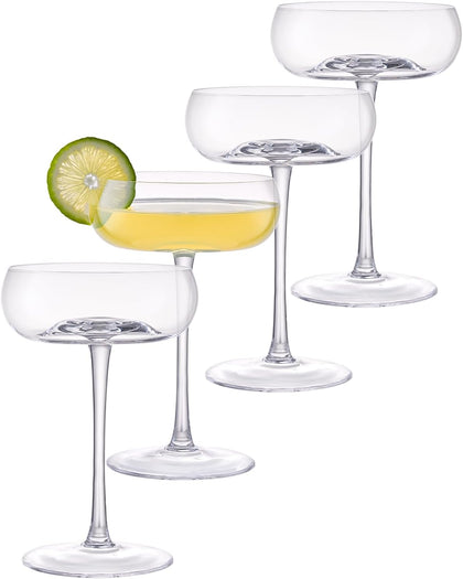 Handmade Coupe Glasses Set of 4 – 8.5oz Crystal Cocktail Glasses with Unique Convex Base, Elegant Coupe Glassware for