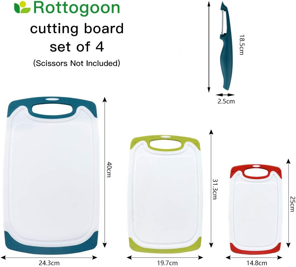 Cutting Boards for Kitchen, Plastic Chopping Board Set of 4 with Non-Slip Feet and Deep Drip Juice Groove, Easy Grip