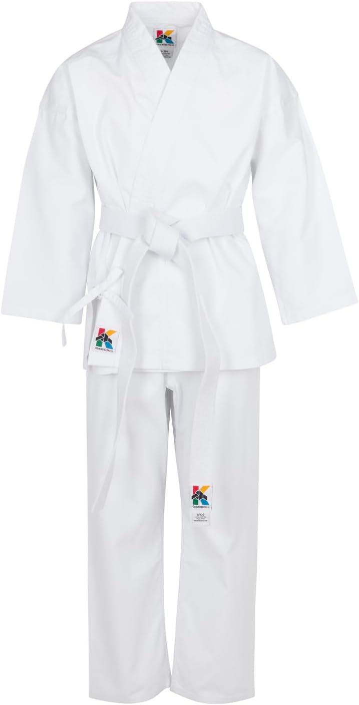 White Karate Gi Uniform Set with Belt, Ages 3–12 | Complete set: top, pants, white belt. 55% cotton/45% poly. Machine