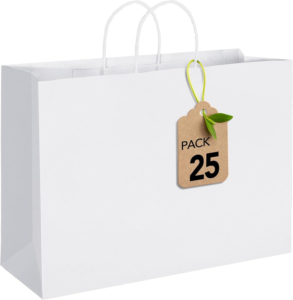 Gift Paper Bags with Handles White X-Large 16x6x12 Inch 25 Pack Bulk
