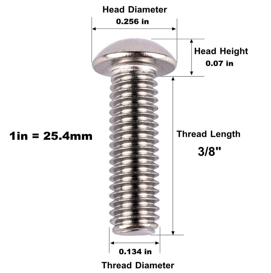 #6-32 x 3/8" Button Head Socket Cap Bolts Screws, 304 Stainless Steel 18-8, Allen Hex Drive, Fully Machine Thread, Quantity 40Pcs