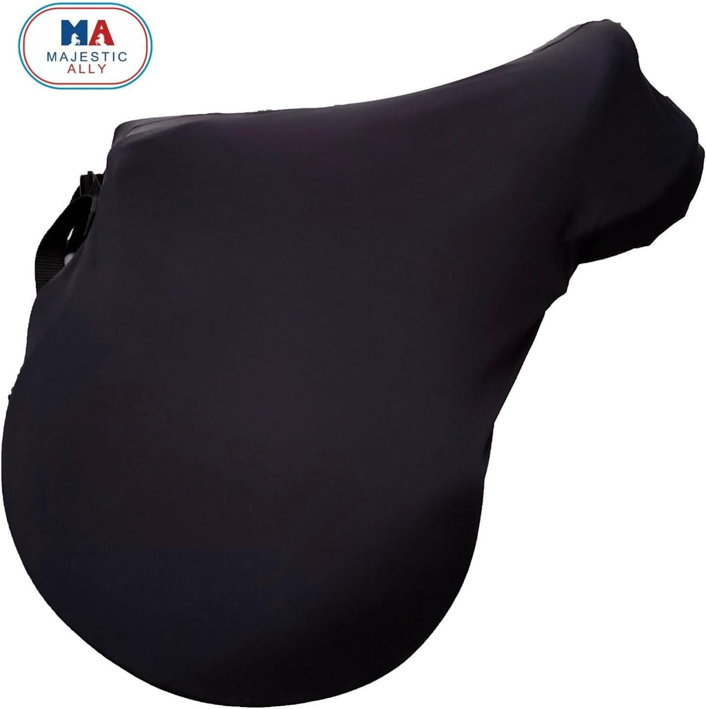 English Saddle Cover with Adjustable Handle, 4-Way Stretch Spandex/Elastane Fabric, Multiple Colors (Black)