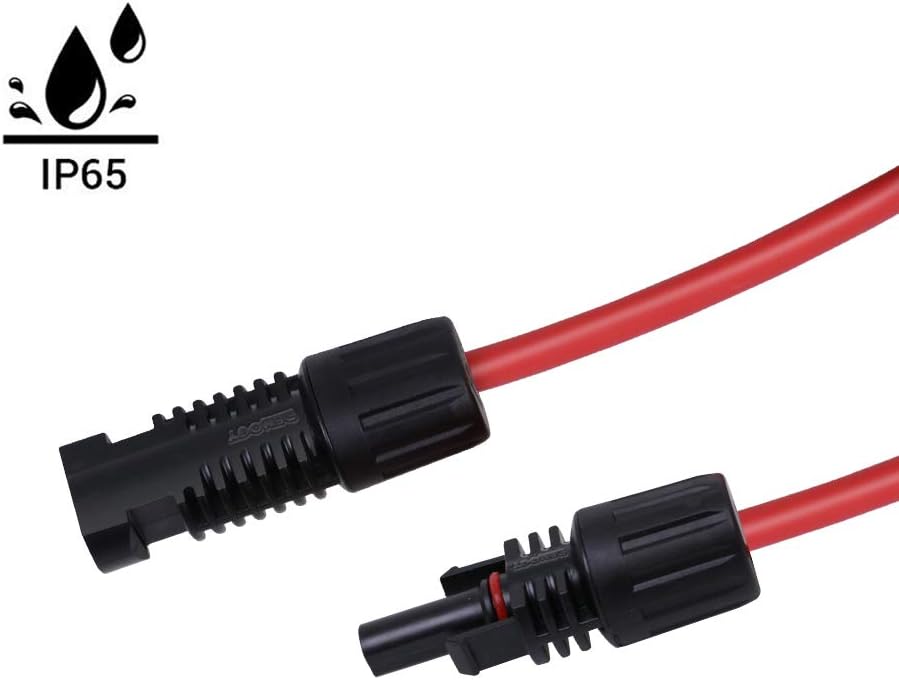 20FT 10AWG Solar Extension Cables, M&F Connector, Black&Red, 1 Pair | MC4 Wire Cord, IP65 Waterproof, UV Protection