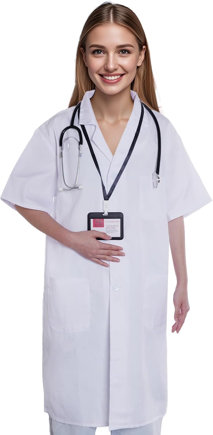 Scientist Doctor Costume Women Men Halloween White Short Sleeve Lab Coats with Stethoscope ID Card for Student Adult