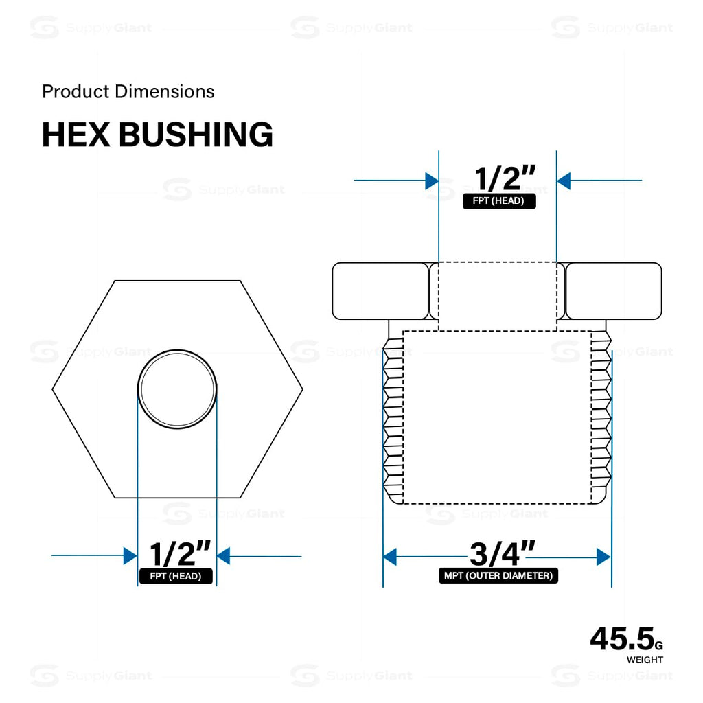 Supply Giant CNCV0565 3/4" x 1/2" Black Malleable Iron Bushing Fitting with Hexagonal Head