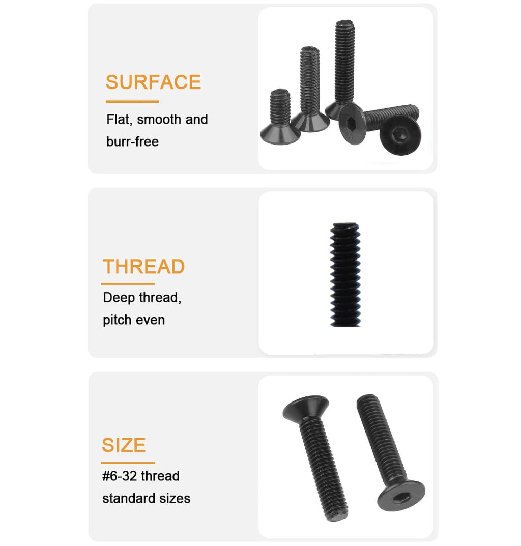 50pcs Black 6-32 x 5/16" Flat Socket Cap Screws Countersunk Screws 12.9 Grade Alloy Steel