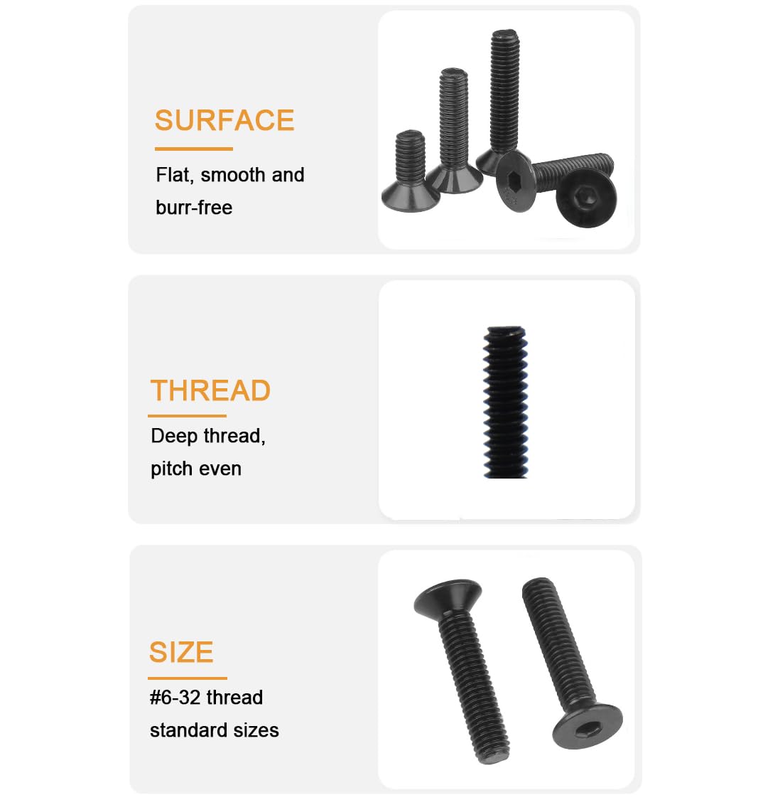 50pcs Black 6-32 x 5/16" Flat Socket Cap Screws Countersunk Screws 12.9 Grade Alloy Steel