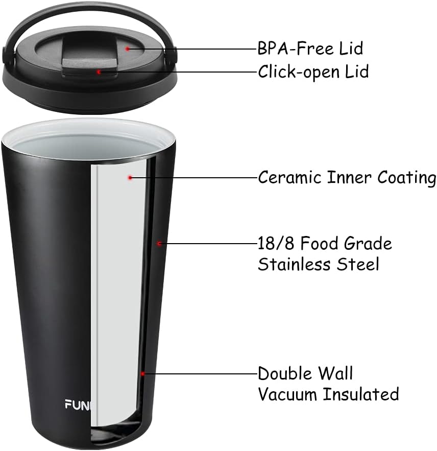 Insulated Coffee Mug with Ceramic Coating, 16oz Iced Coffee Tumbler Cup with Flip Lid and Handle, Double Wall Vacuum