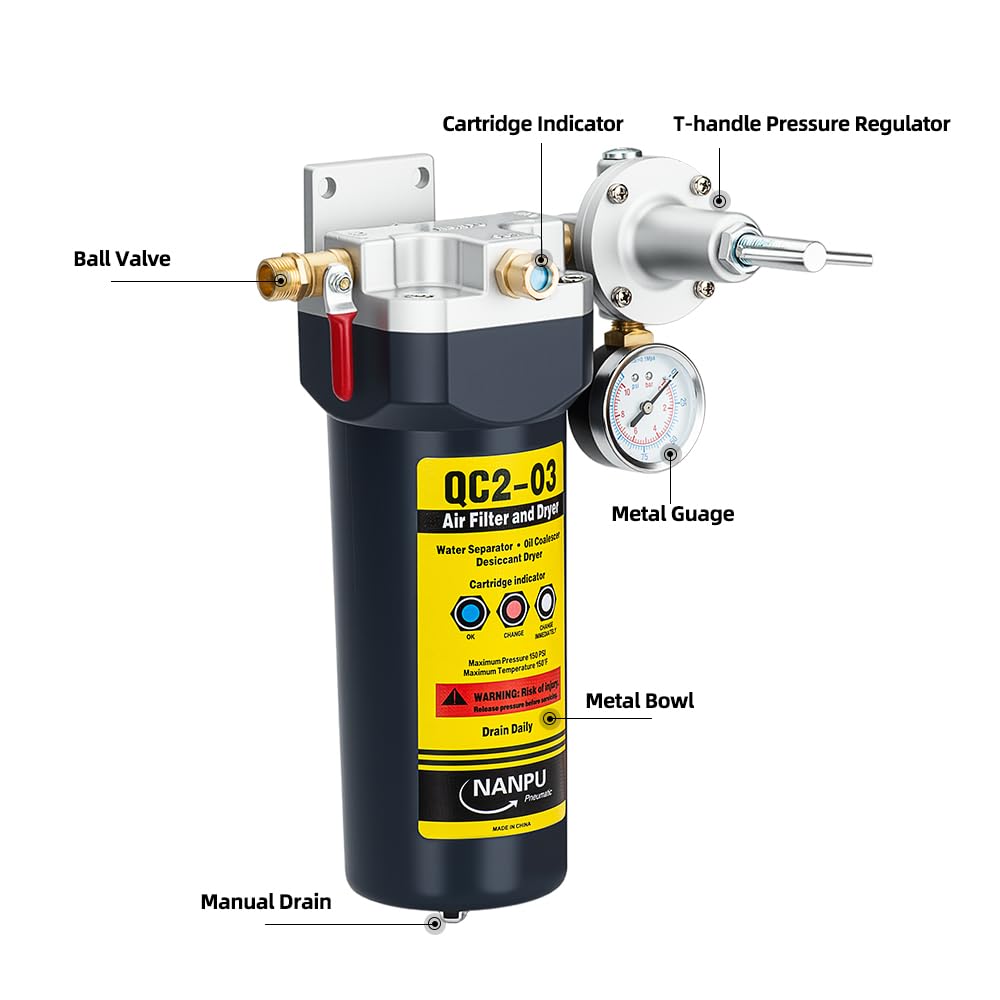 NANPU QC2 1/2" NPT Desiccant Air Dryer with Regulator and Gauge