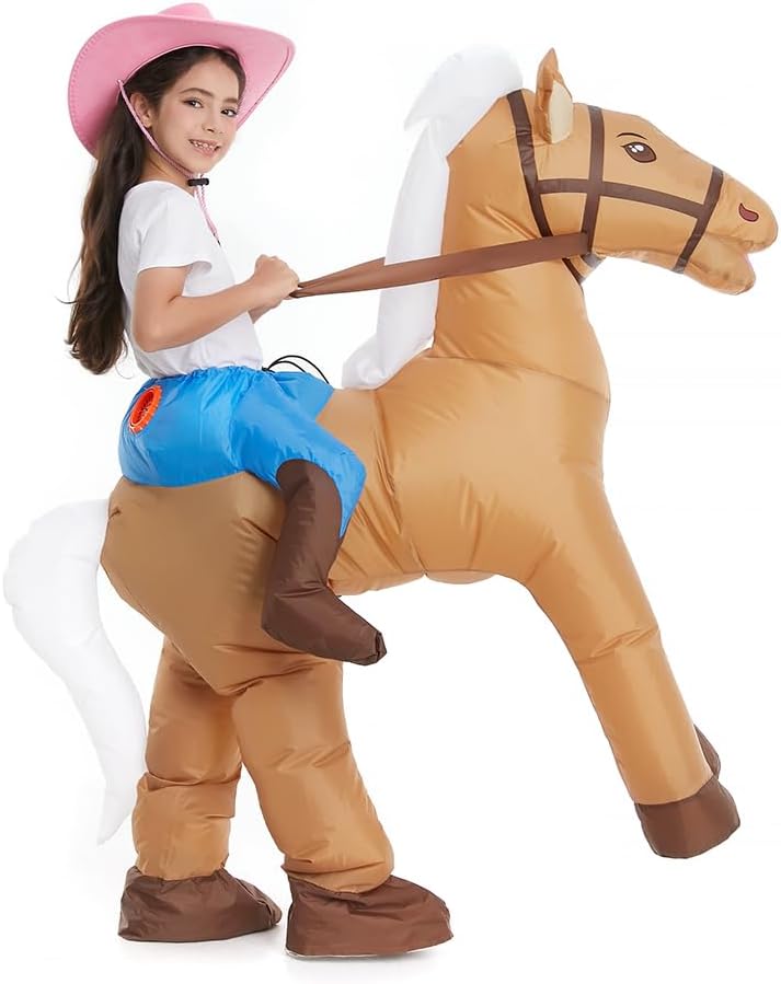Inflatable Child Horse Rider Costume Boys Girls | 360 Degree Detailed 3D Design, Durable Fabric, Powerful Fan, More