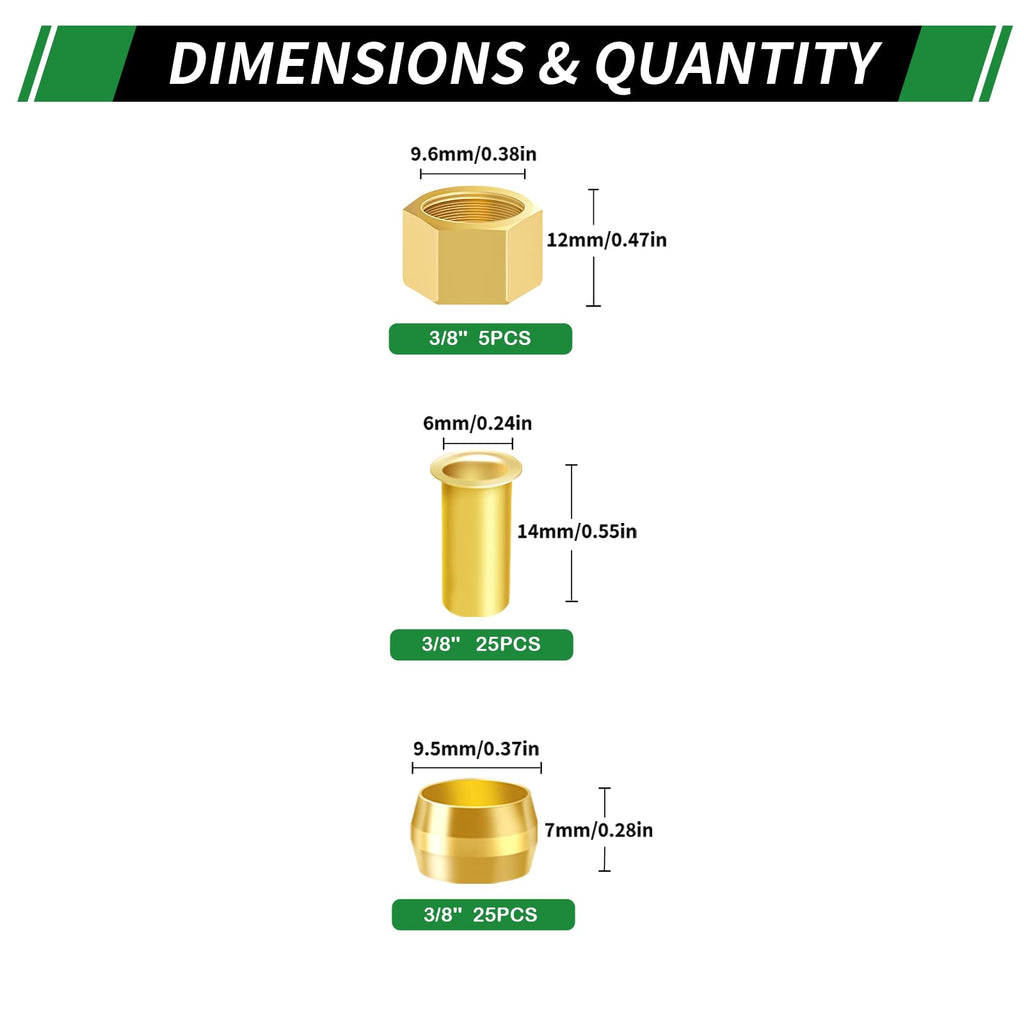 Japtend 55pcs 3/8" Brass Compression Sleeves Ferrules Inserts Nuts Fittings