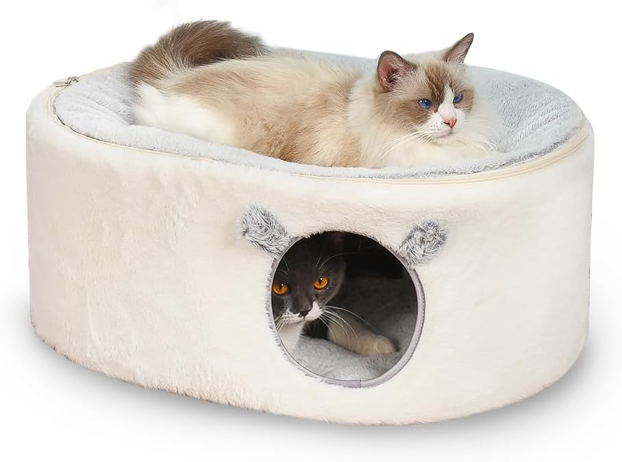 Cat Bed for Indoor Cats, Fluffy Large Enclosed Cat House Cave Pet Bed Hammock with Removable Washable Cover for